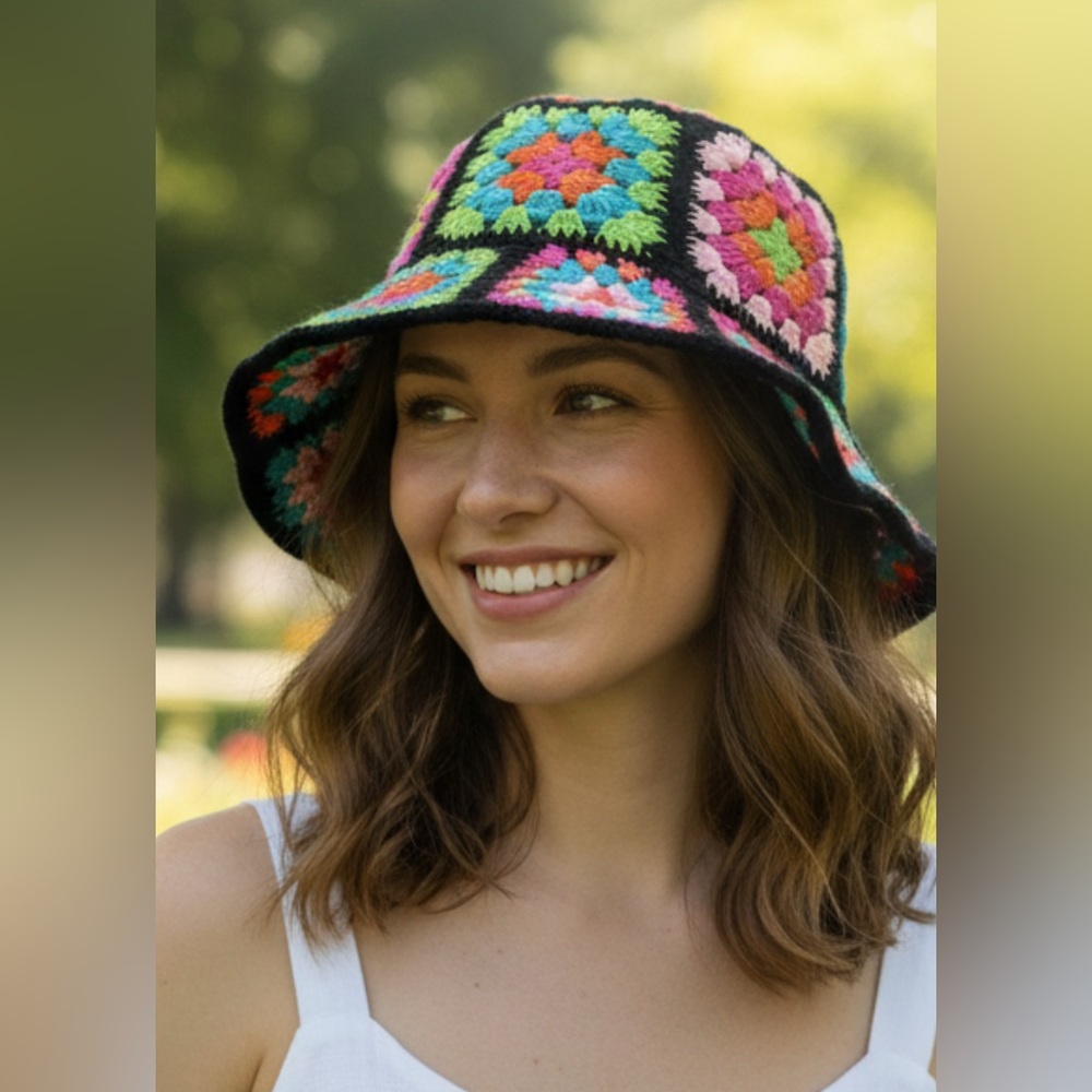 Vintage festival Crochet Bucket Hat grandmas core granny squares handmade
